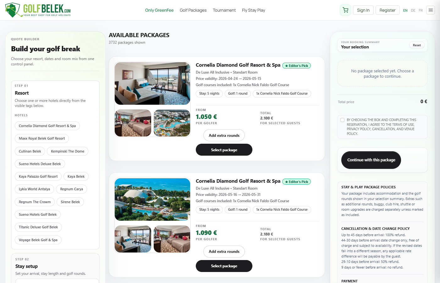 Top of /gp/en/ — date selector and hotel cards with on-site course logos